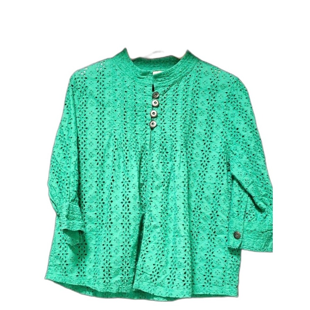 Choices Green Lace Button Embroidered Tunic Blouse Floral Size M